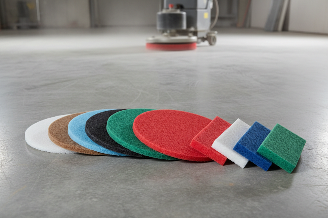 Reinigungspads in verschiedenen Farben – runde Bodenpads und Handpads für Einscheibenmaschinen, schräg gestapelt auf Betonboden | UNITEX®