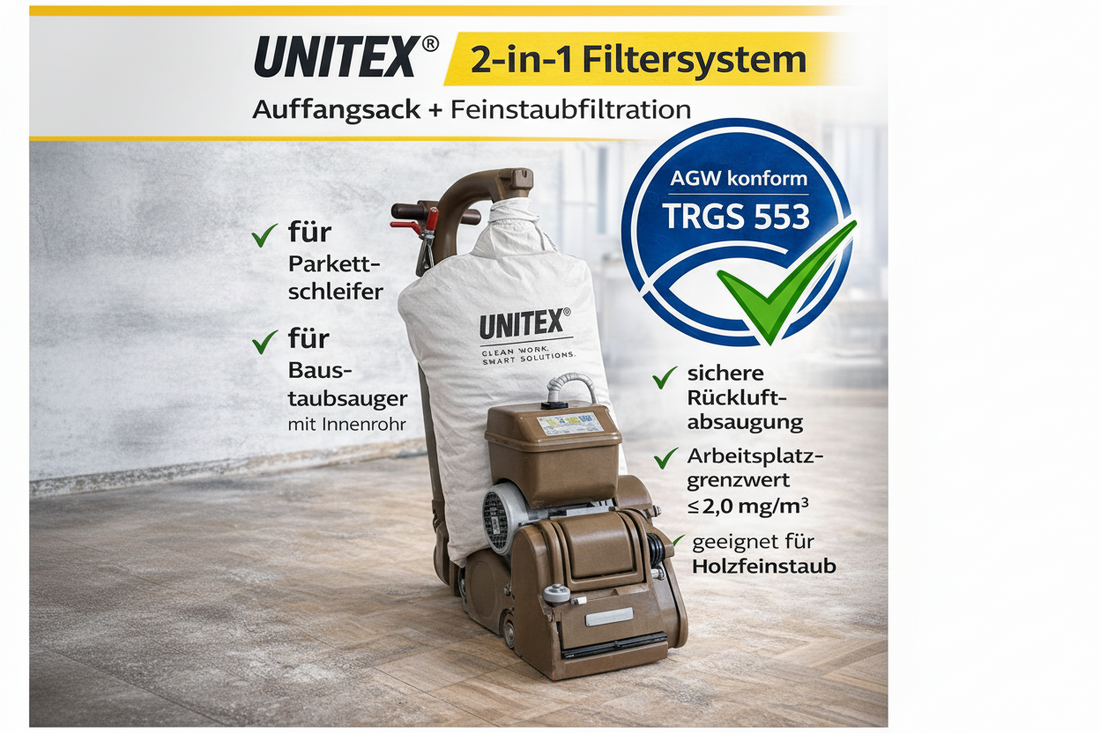 UNITEX 2-in-1 Filtersystem – Einweg-Staubsack mit Feinstaubfiltration TRGS 553 für Parkettschleifer und Baustaubsauger