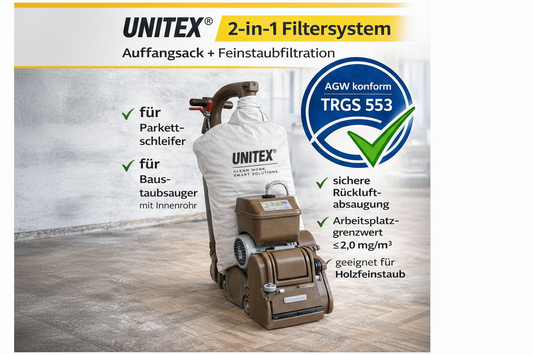 UNITEX 2-in-1 Filtersystem – Einweg-Staubsack mit Feinstaubfiltration TRGS 553 für Parkettschleifer und Baustaubsauger