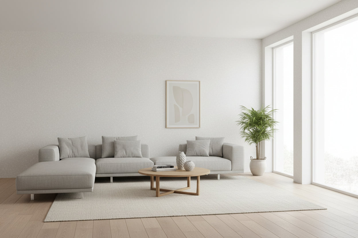 Baumwollputz Off White Wand in heller neutraler Farboptik mit nahtloser Oberfläche für modernes Raumdesign
